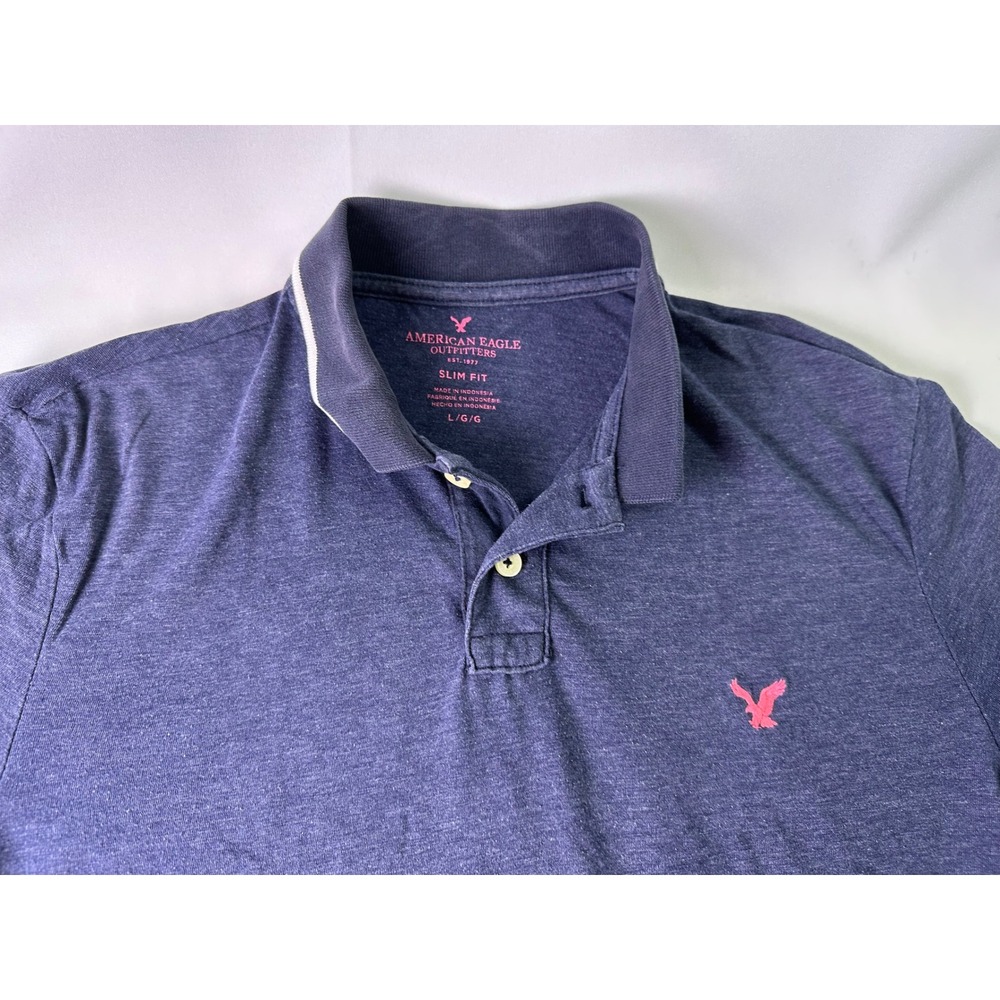 American Eagle Outfitters Mens Slim Fit Polo Shirt Navy Blue Pink Trim Large